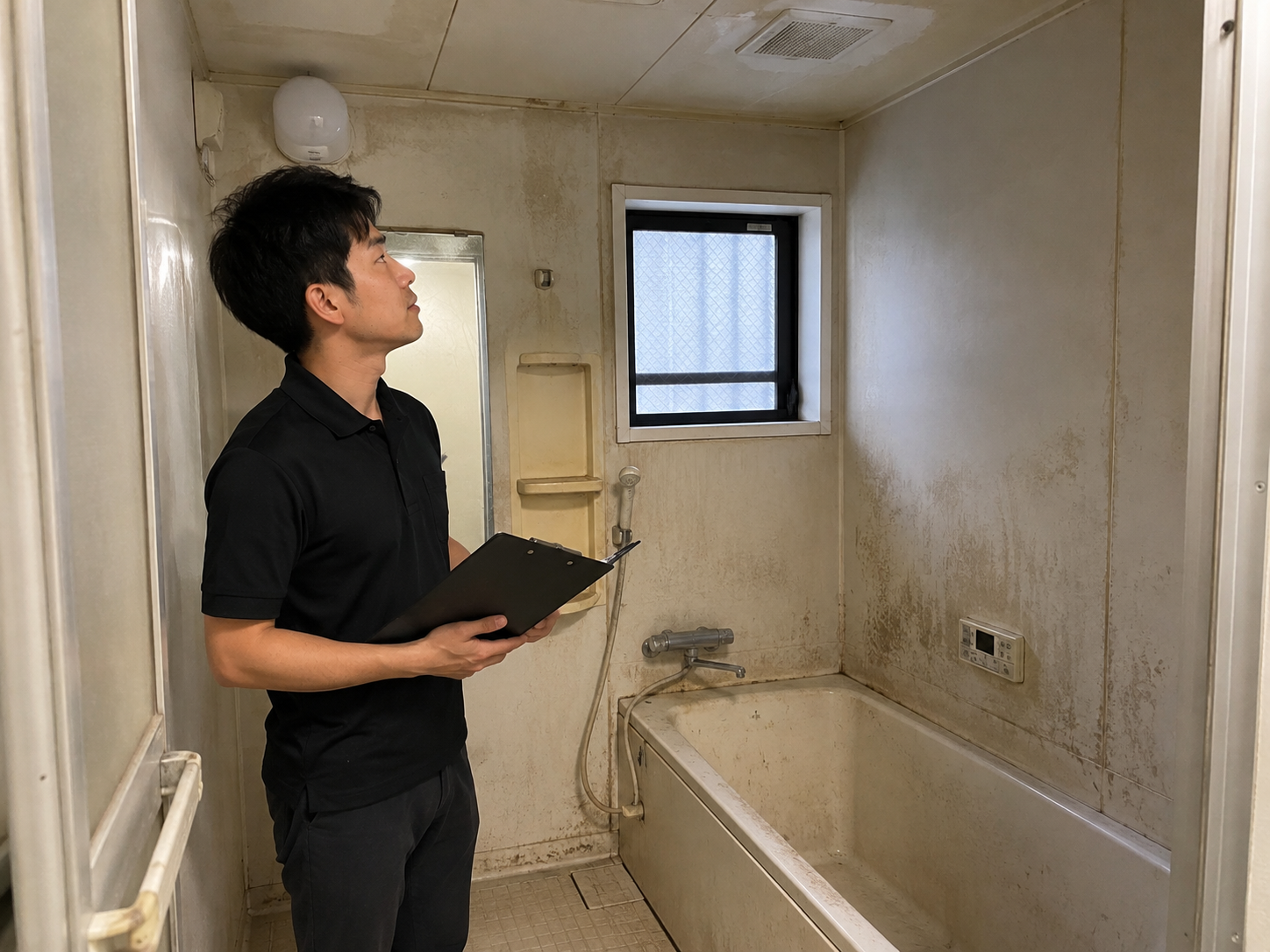 浴室を確認するスタッフ
