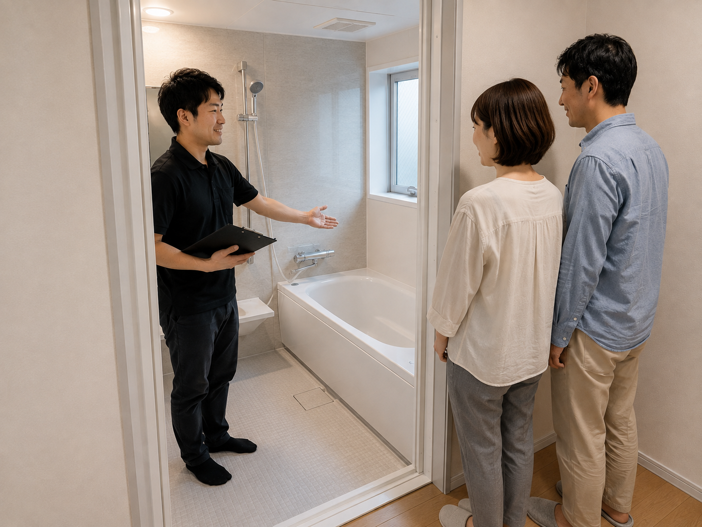 施工後に使い方を説明するスタッフ