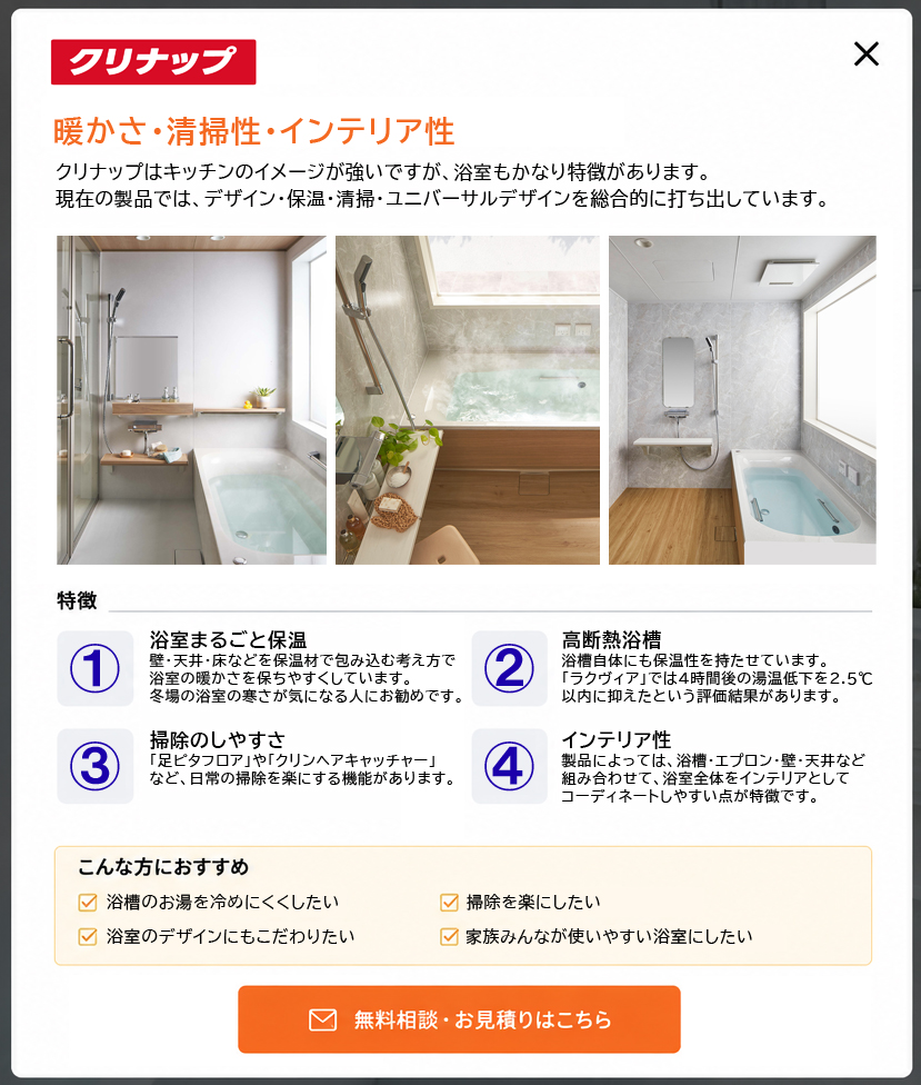 クリナップの製品特徴資料