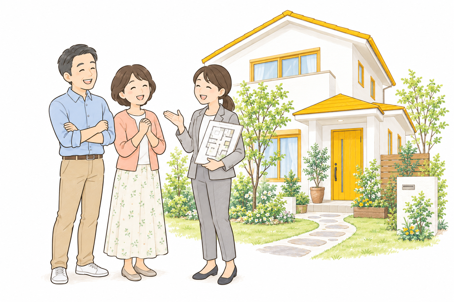住まいの相談をするご家族とスタッフのイメージイラスト