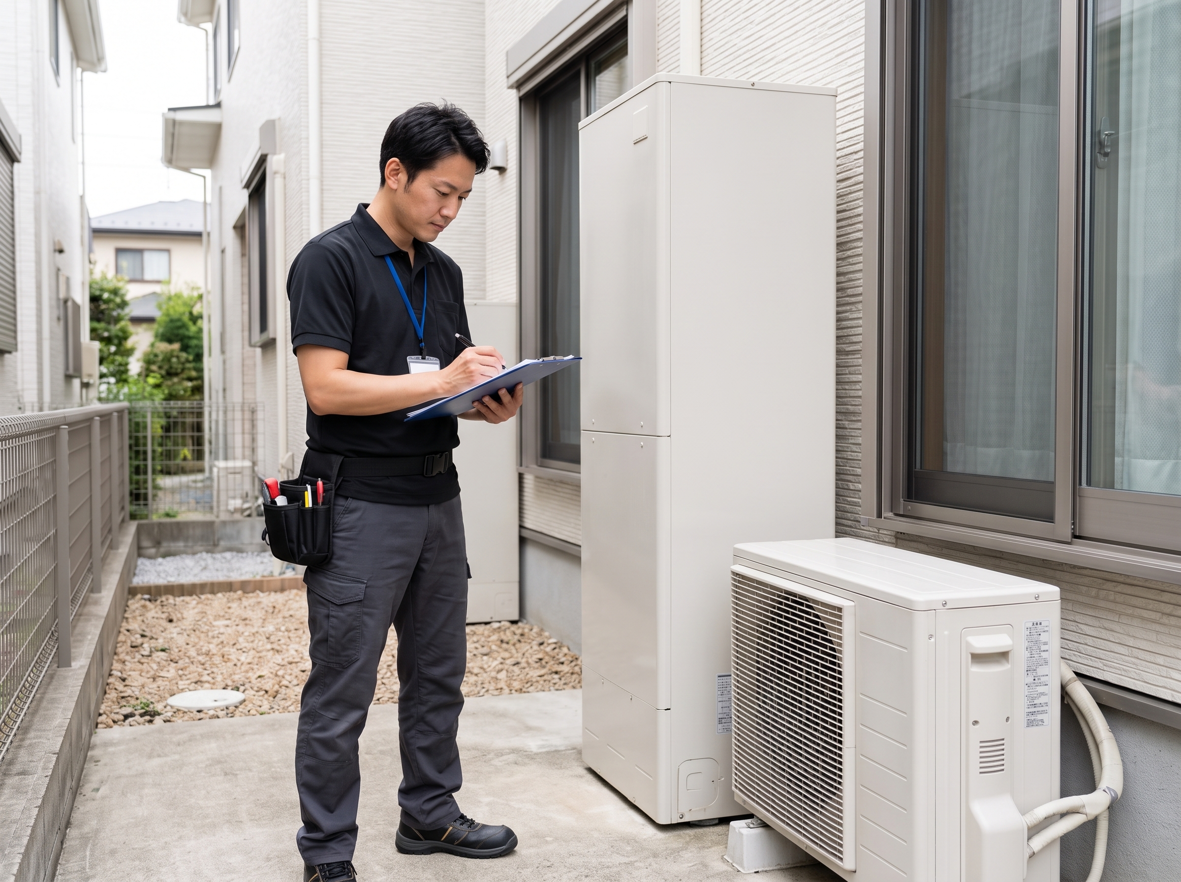 エコキュートの現地調査をするスタッフ