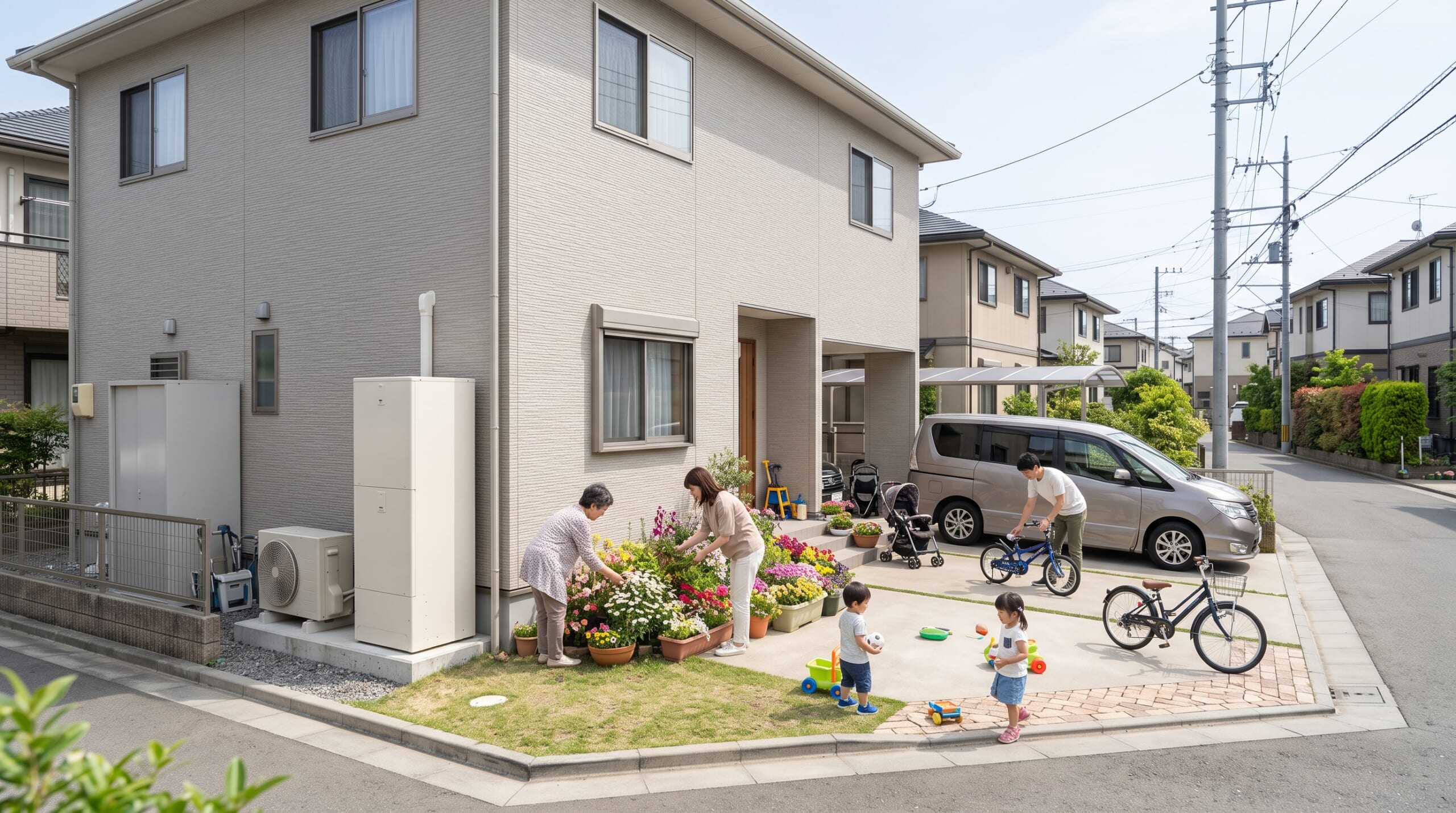 エコキュートを囲む家族