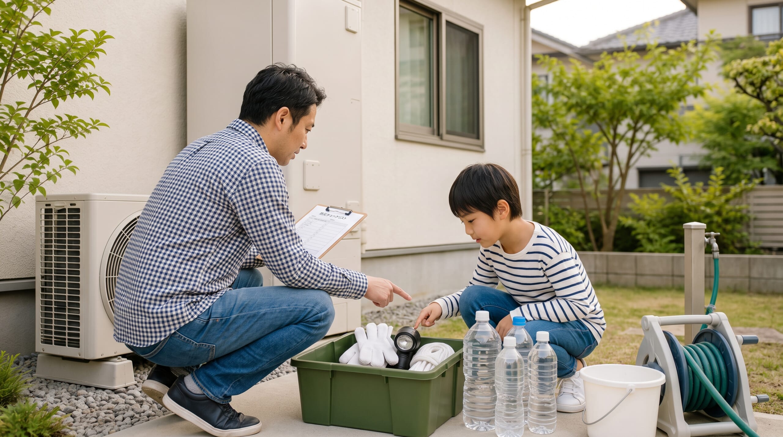災害時にエコキュートを囲む家族